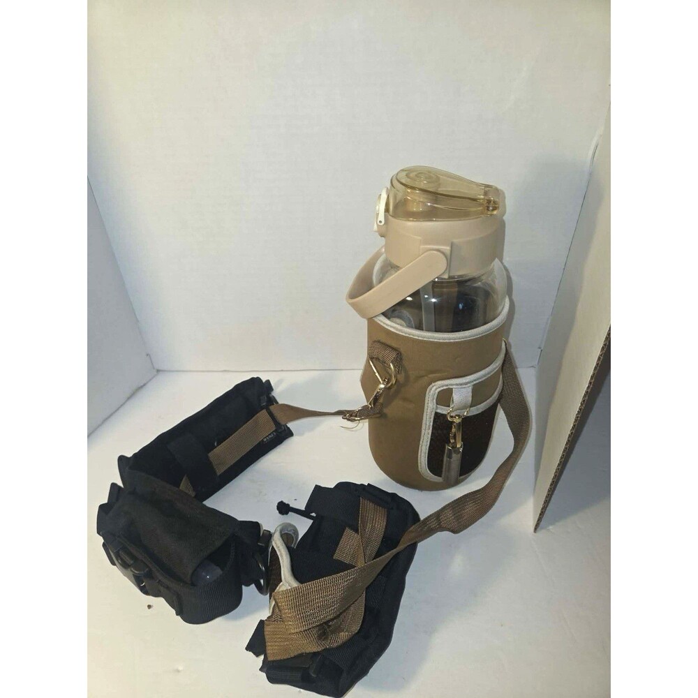 64 fl oz Water Bottle w/ Straw Flip Lock, Time Marker, Strap Beige/Clear
